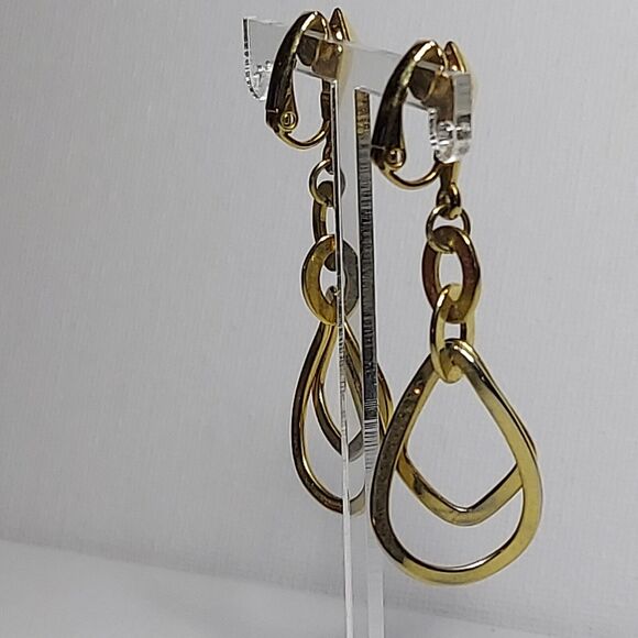 Earrings Goldtone Double Dangle Drop Clip on 2" - Picture 3 of 5
